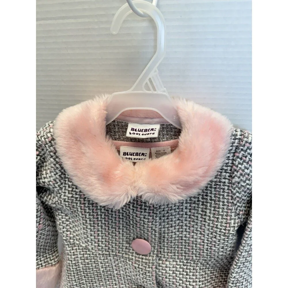 Blueberi Boulevard Cost & Dress Girls Pink /Gray Faux Fur Collar, Trim & Buttons